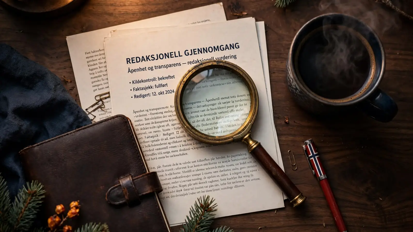 Redaksjonelt skrivebord med lupe, notatbok og kaffekopp