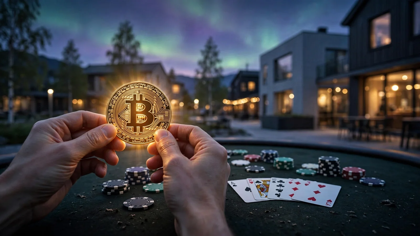Norske hender som holder en Bitcoin-mynt over et casinobord med jetonger