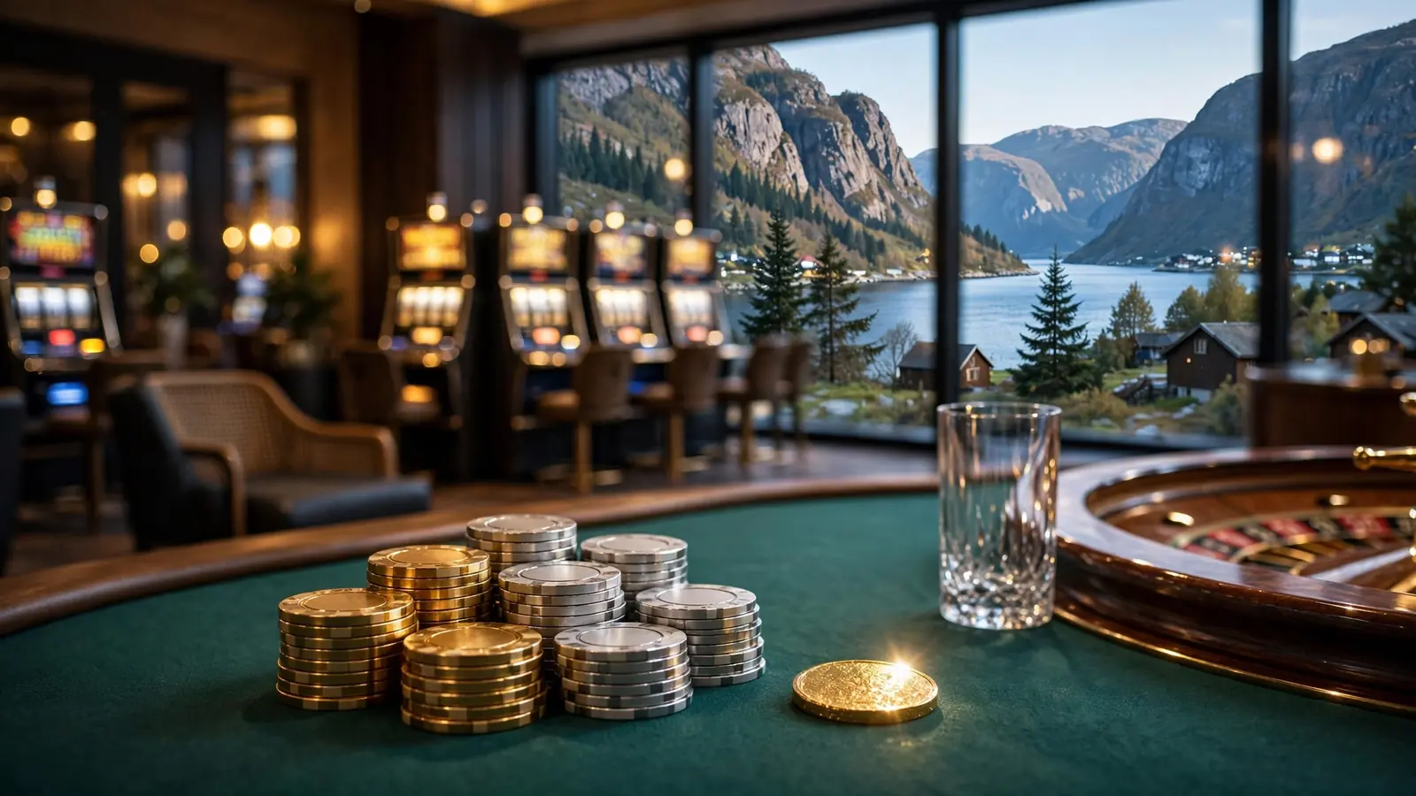 Eksklusiv casinostue med gulljetonger og norsk fjord i bakgrunnen