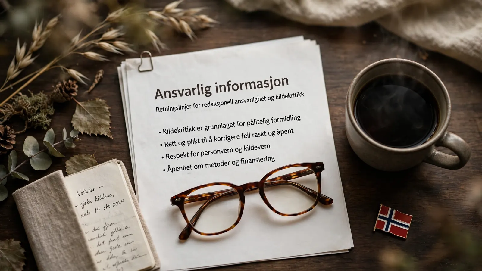 Dokument med ansvarsfraskrivelse på et skrivebord med lesebriller og kaffekopp