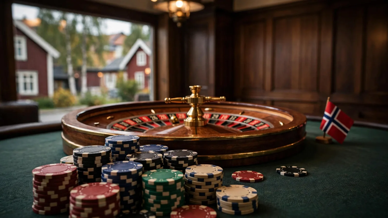 Klassisk ruletthjul på et grønt bord med fargede casinobrikker og et norsk flagg