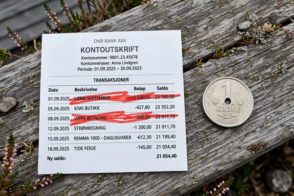 Norsk kontoutskrift med to overstrekede transaksjoner i rødt
