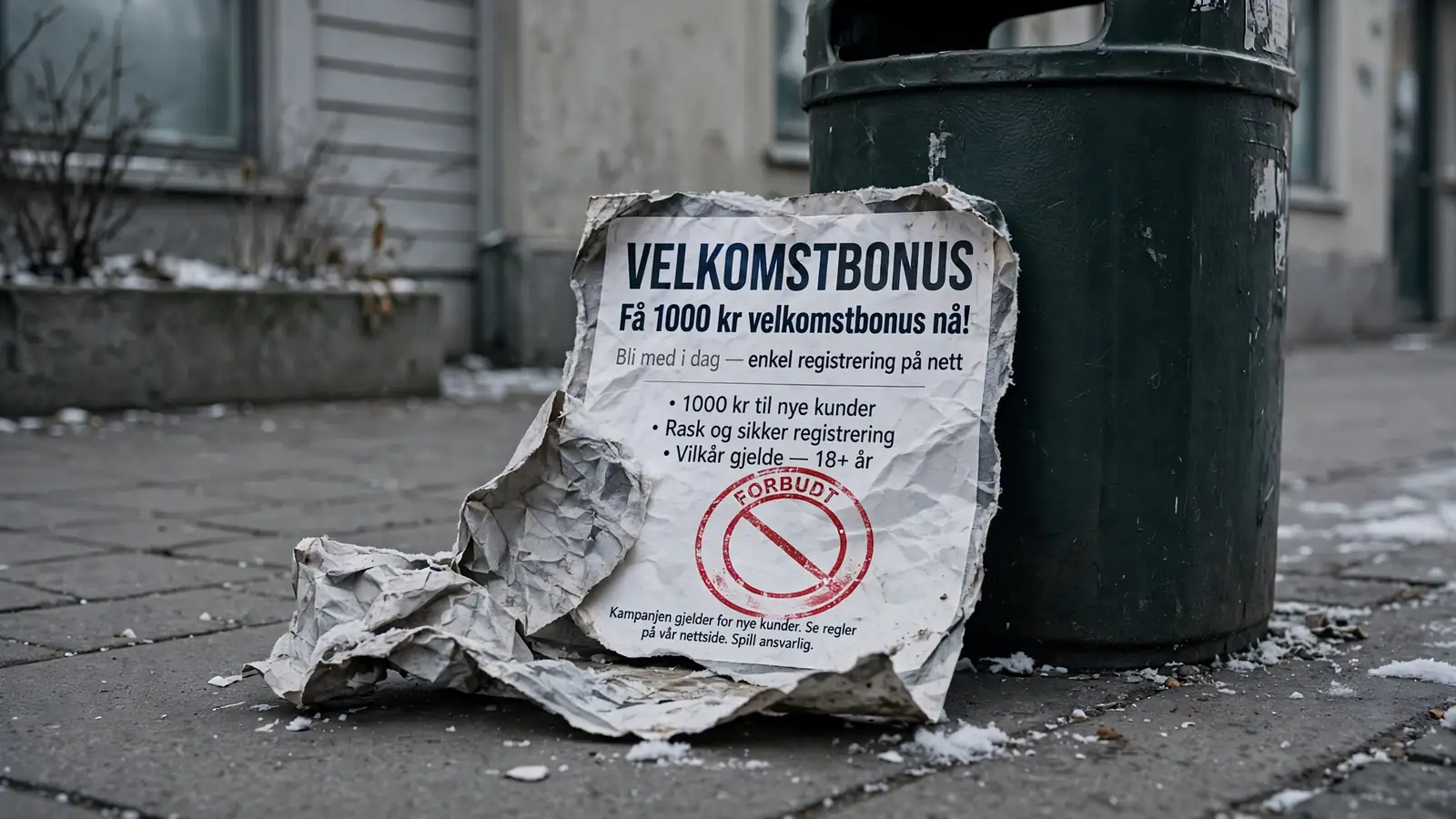 Iturevet norsk bonusflyer med rødt stempel ved en søppelbøtte