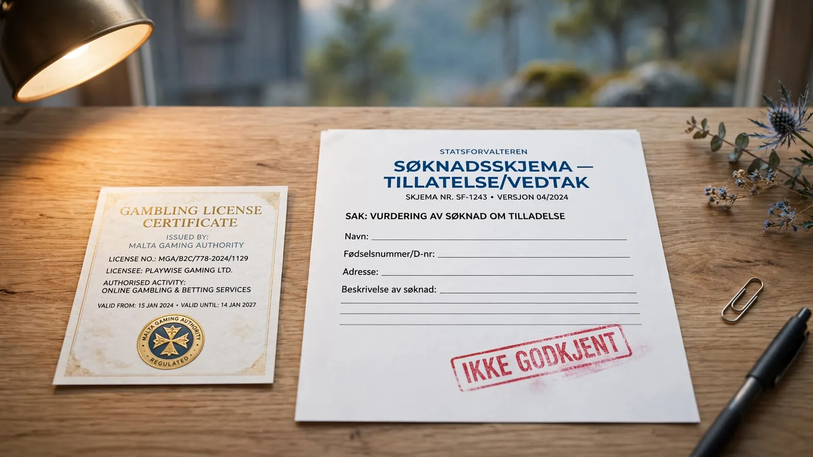 To dokumenter på skrivebord: utenlandsk lisens og blank norsk søknad