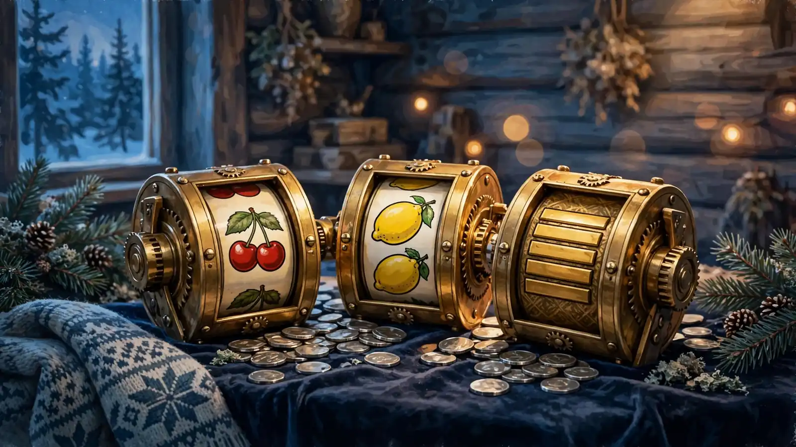 Klassiske spilleautomater med tre hjul, fruktsymboler og BAR på et mørkt casino-bord.