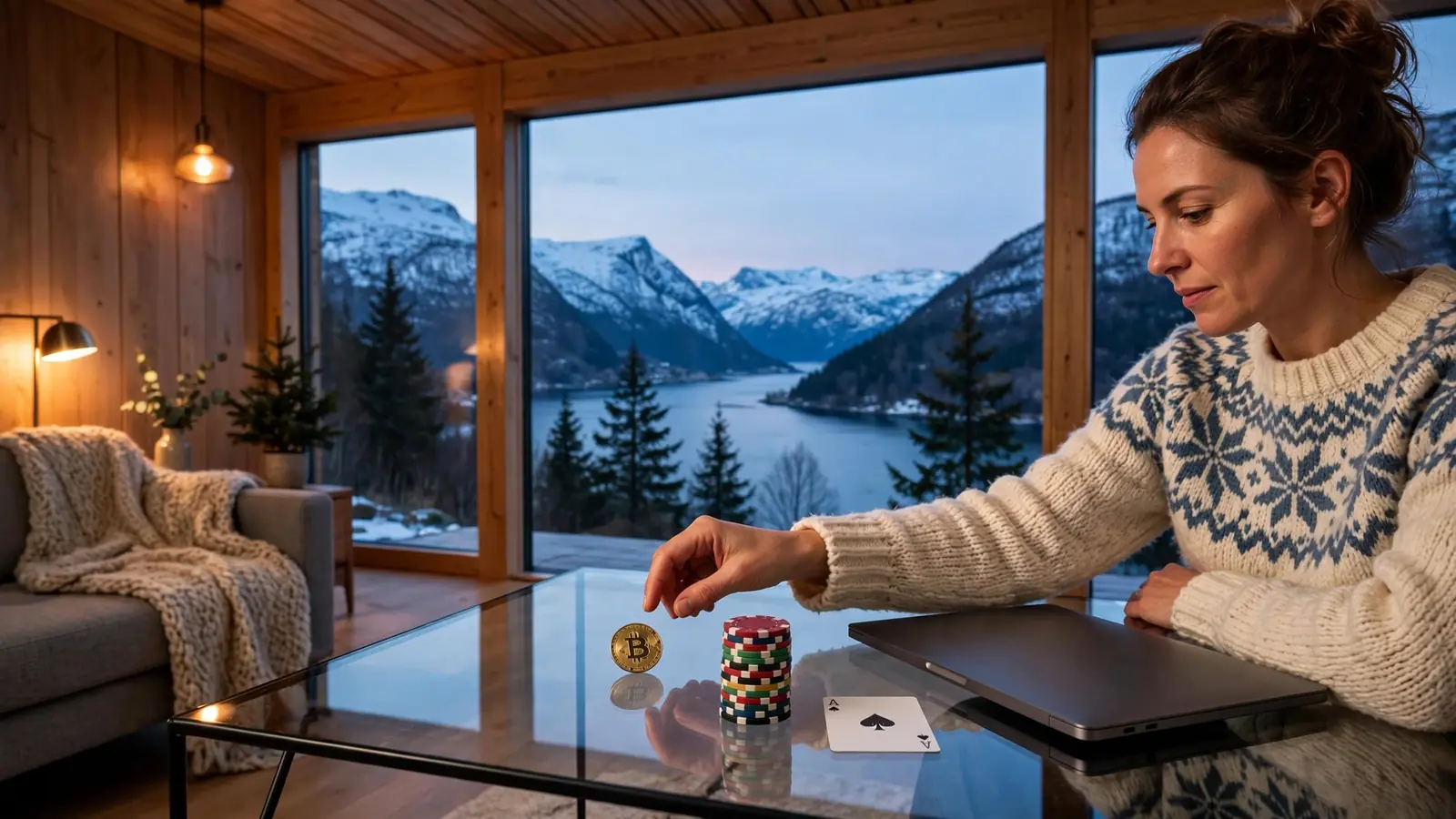 Moderne norsk stue med Bitcoin-mynt, casinobrikker og utsikt over fjord