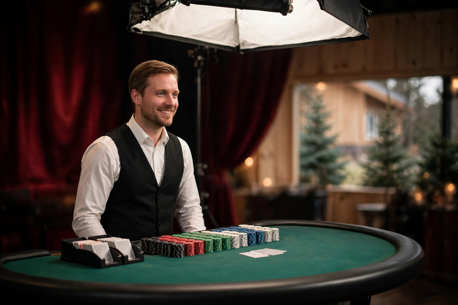 En profesjonell dealer bak et blackjack-bord i et moderne live casino-studio