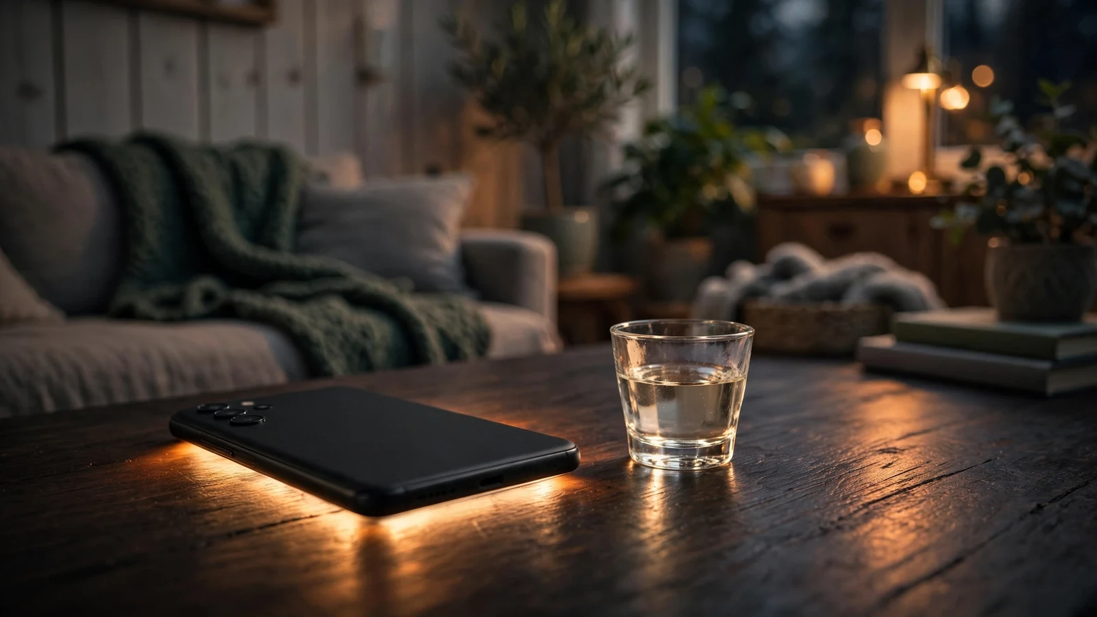Android-telefon vendt ned på et nordisk bord ved siden av akevitt