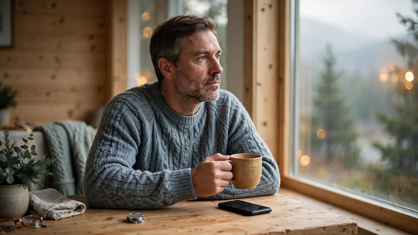 Mann alene hjemme med telefon vendt ned og kaffekopp, ettertenksomt uttrykk
