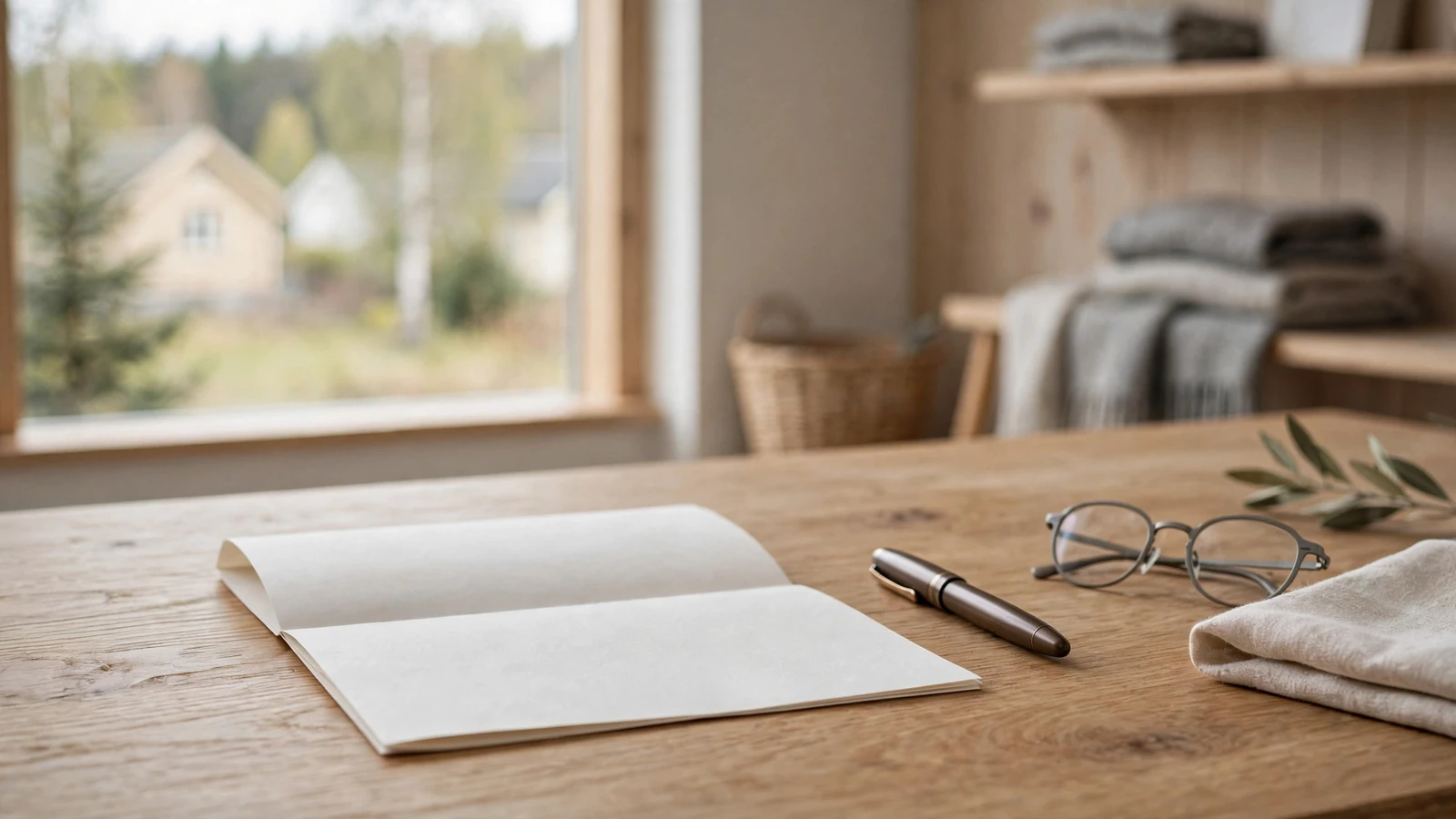 Signert vilkårsdokument på et minimalistisk skandinavisk skrivebord med penn og briller.